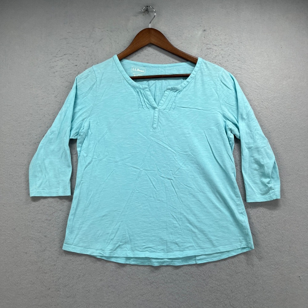 LL Bean T Shirt Womens Medium Blue Slub Knit Pintuck Henley 3/4 Sleeve Casual